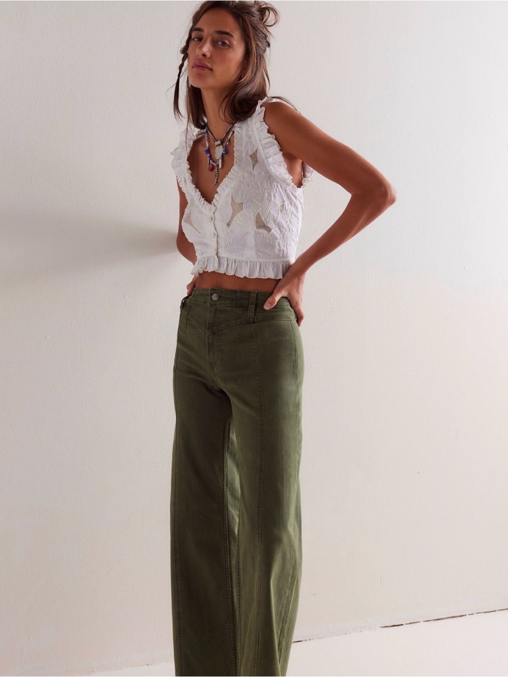 Free People Olive Green High-Rise Wide Leg Pants